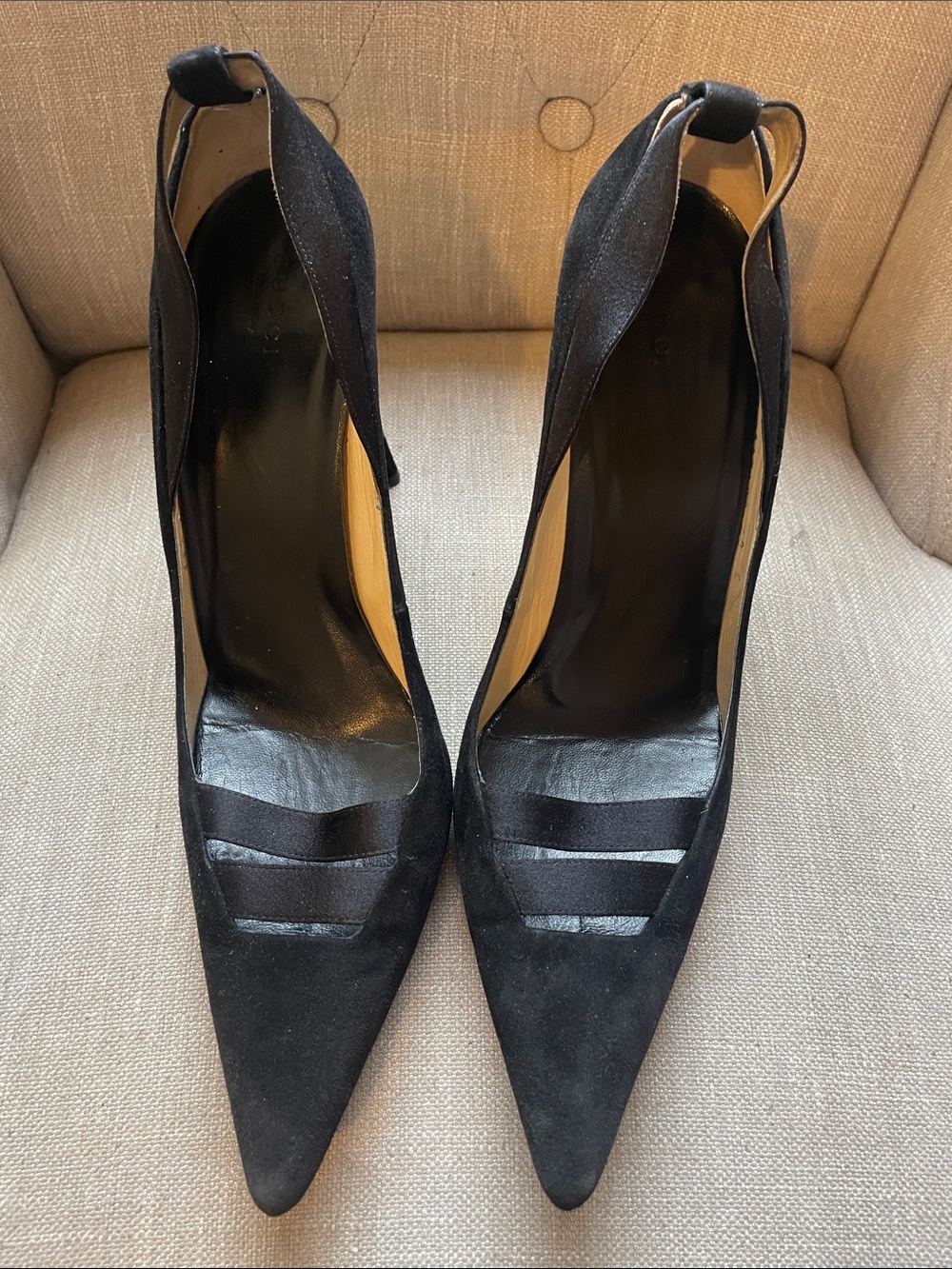 Gucci Black Suede Peep Toe Triple Strap Cutout Heels Made in Italy